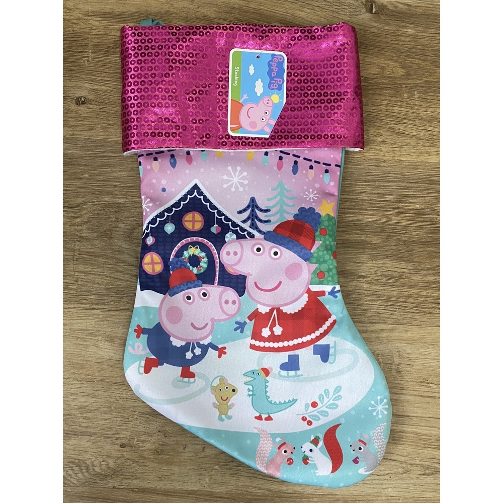 PEPPA PIG Ice Skating Christmas STOCKING - 16" George Holiday Pink Sequin NWT
